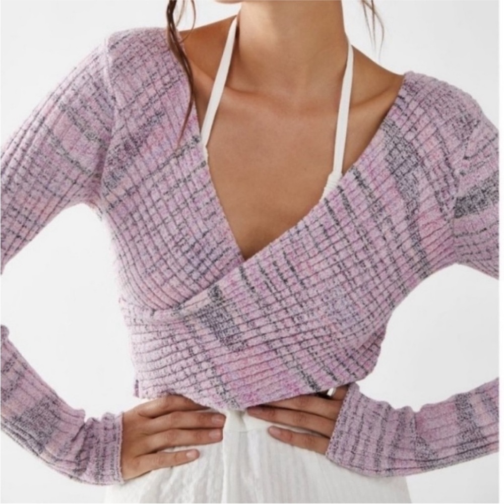 Free People Brooke Wrap Crop Sweater in Lilac Fog Combo